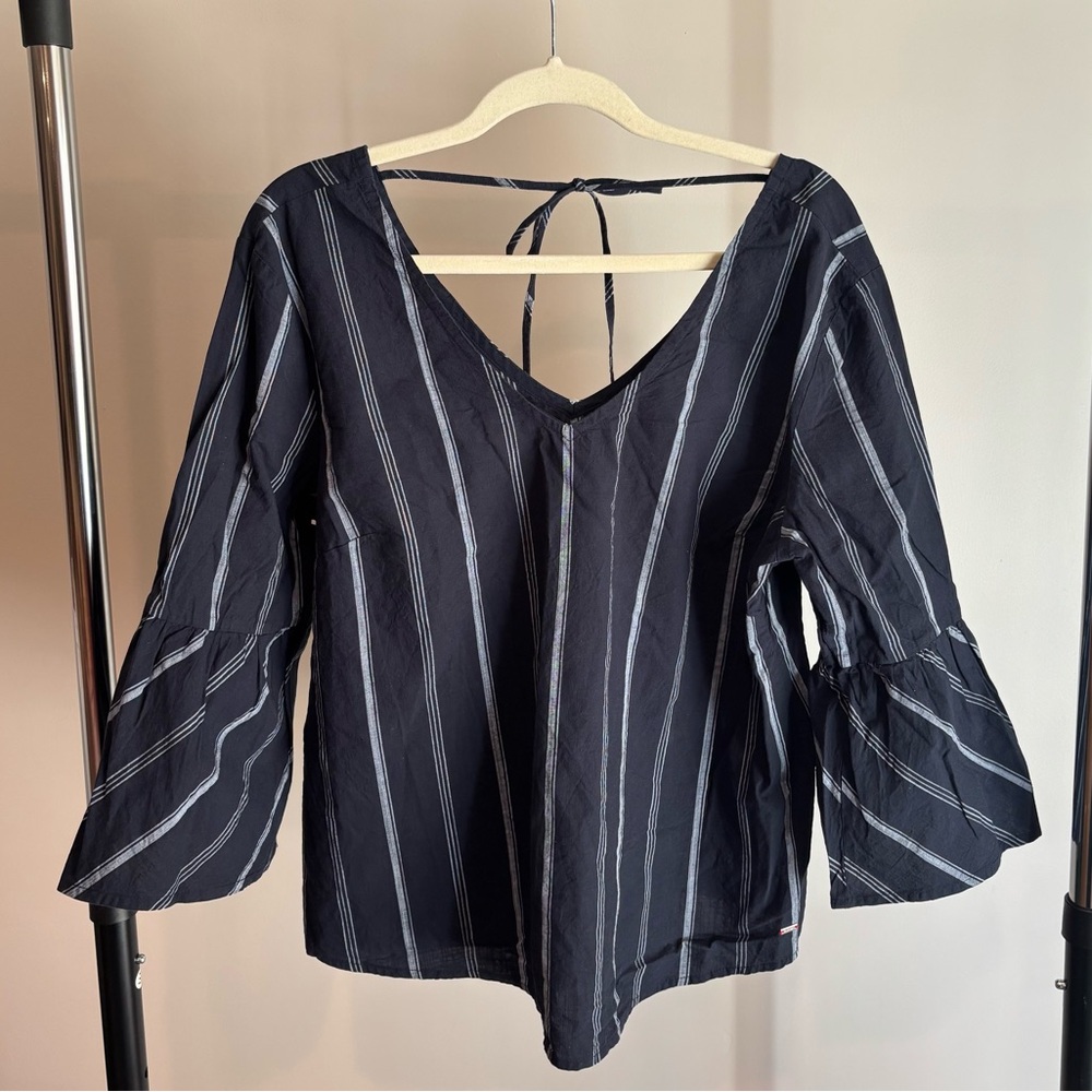 Tommy Hilfiger Navy Striped Tie-Back Blouse XL Bell Sleeve